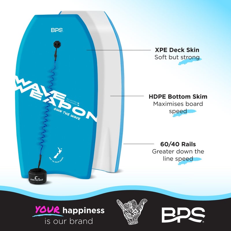 Own The Wave 41 Inch Body Board for Adults and Kids - HDPE Slick Bottom & EPS Core - Light Weight Bodyboard Perfect for Surfing - Comes with Coiled Leash and Swim Fin Tethers (Blue & White) - Image 4